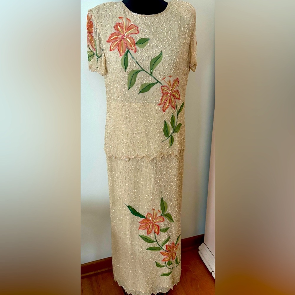 Chadwick's VINTAGE full length sequin silk floral dress size 10